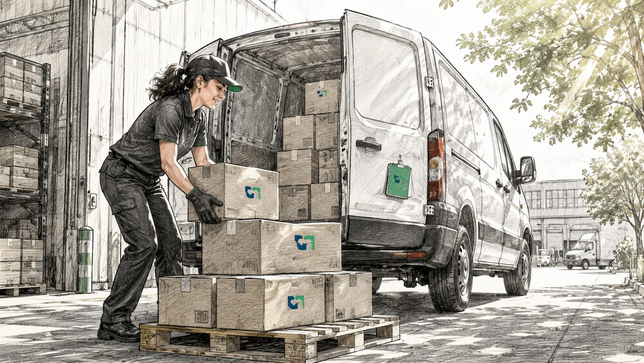 Local courier loading packages into van