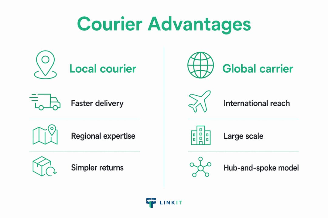 Comparison infographic local vs global courier advantages