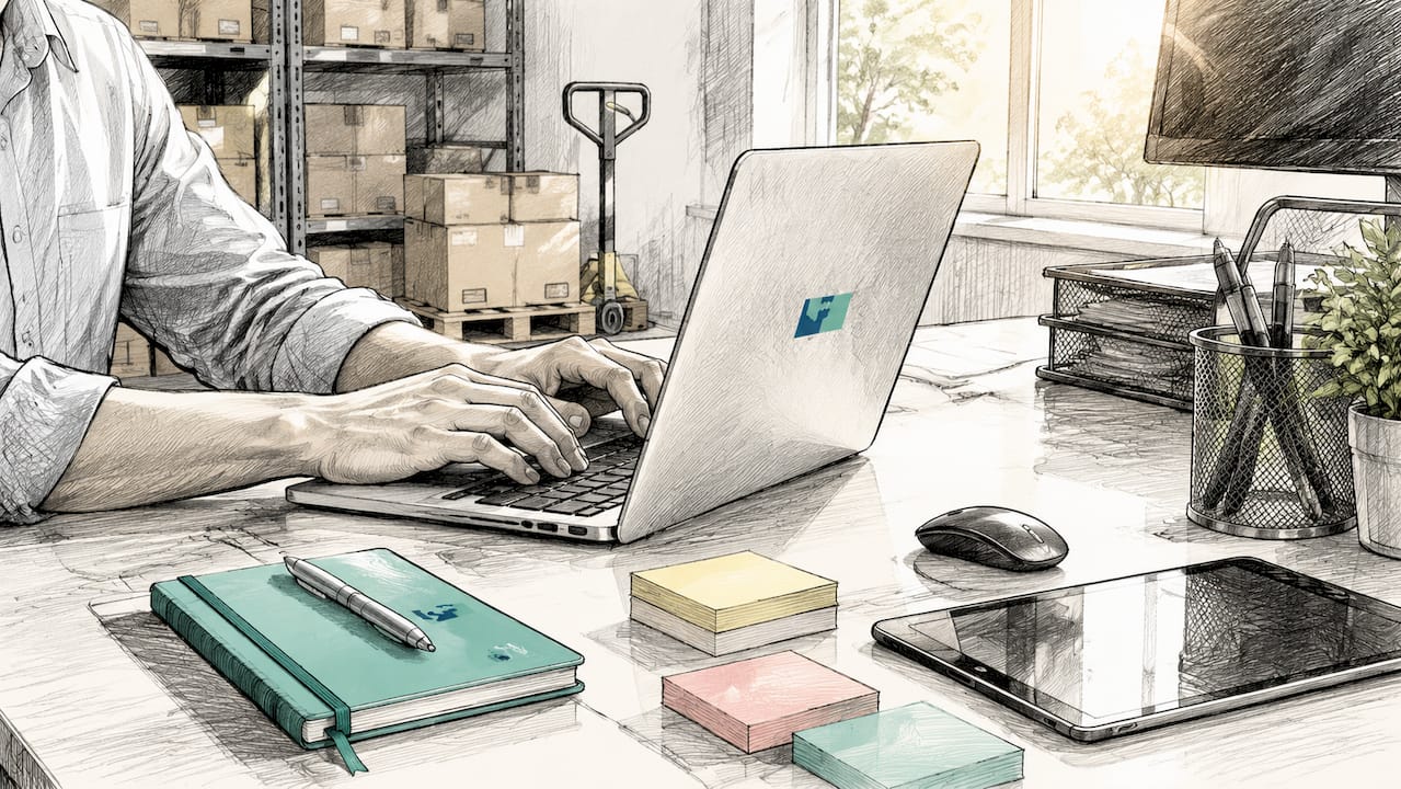 Hands typing at desk with parcel tracking documents