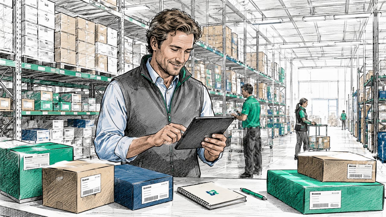 Warehouse manager checking inventory on tablet