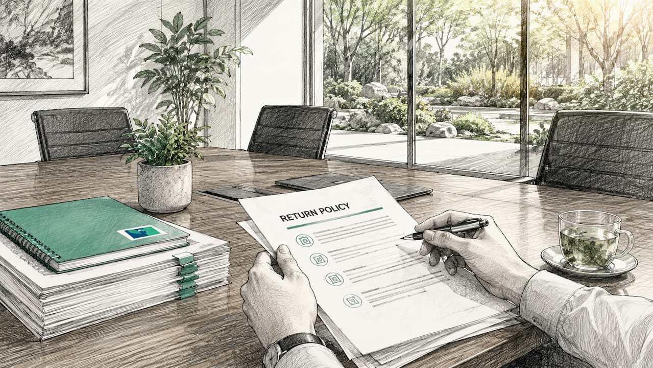 Hands typing near return policy documents on desk