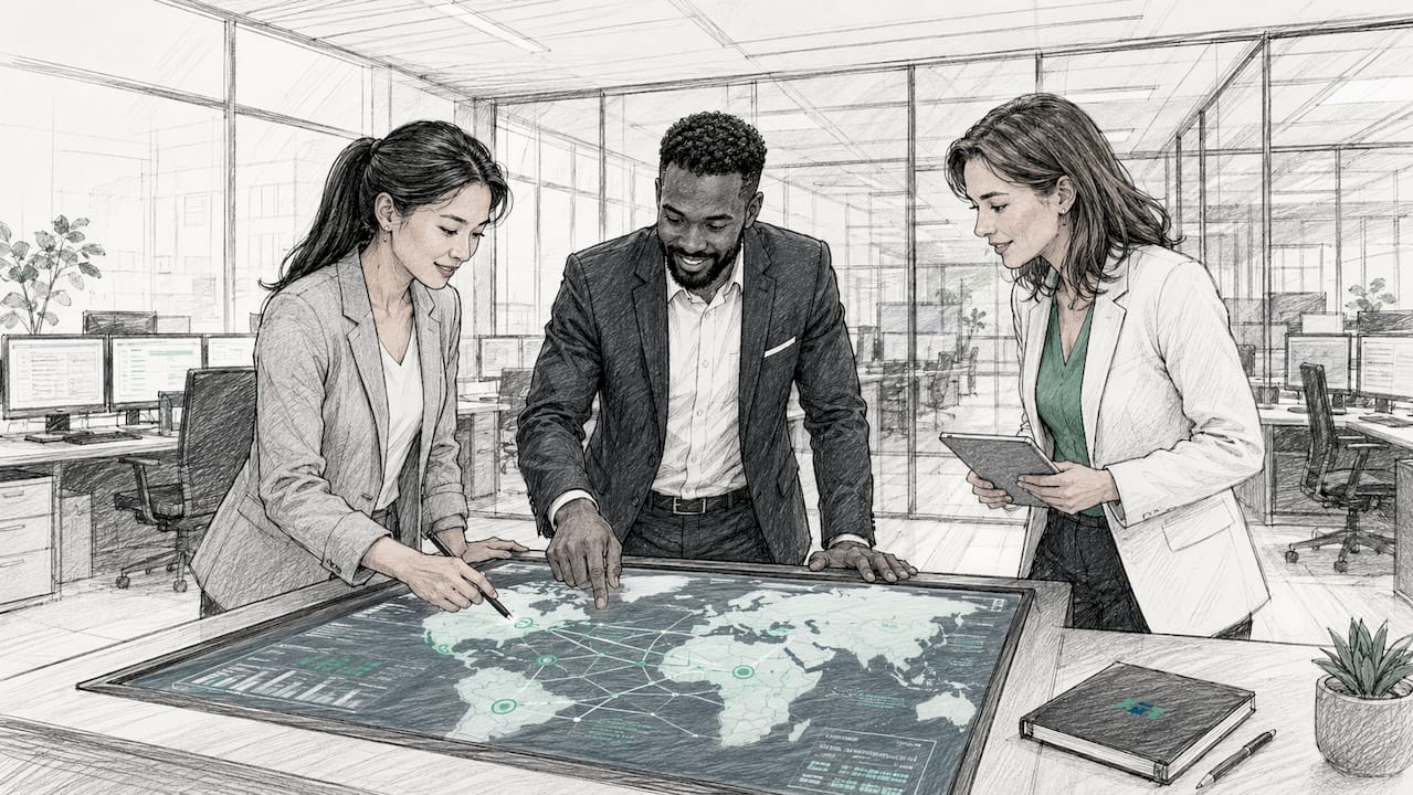 Managers analyzing logistics control room data