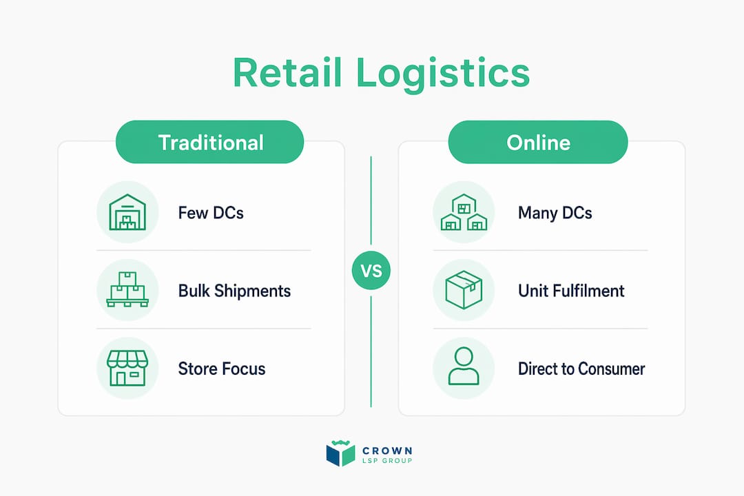 Comparison infographic of traditional vs online retail logistics