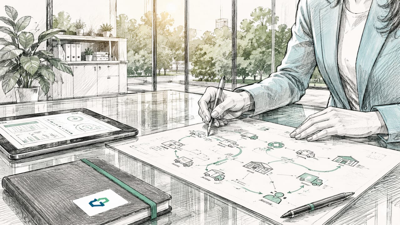 Overhead workspace with reverse logistics workflow diagram