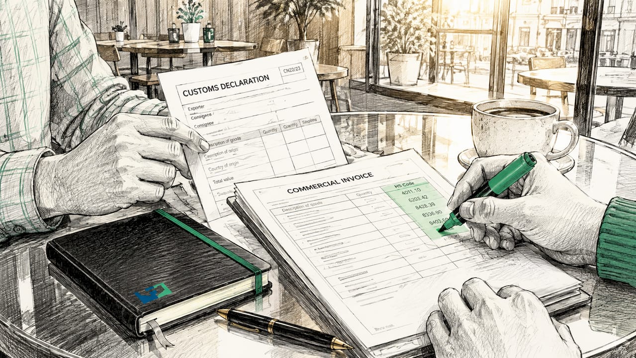 Hands reviewing customs paperwork documents