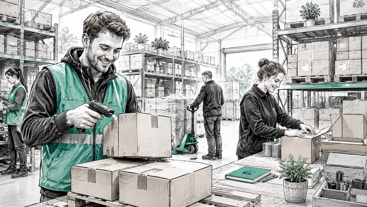 Warehouse staff packing eco-friendly shipments in tidy environment