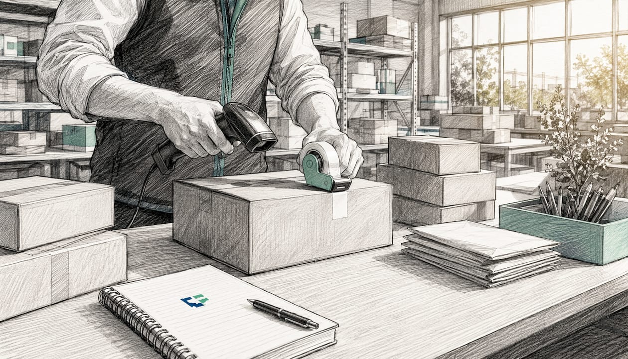 Hands sealing and scanning parcels for shipment