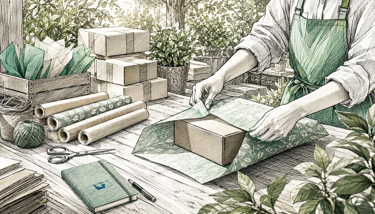 Hands tying bow on wrapped gift in warehouse