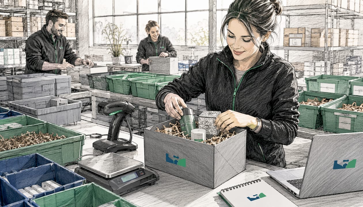 Close-up of subscription box assembly hands