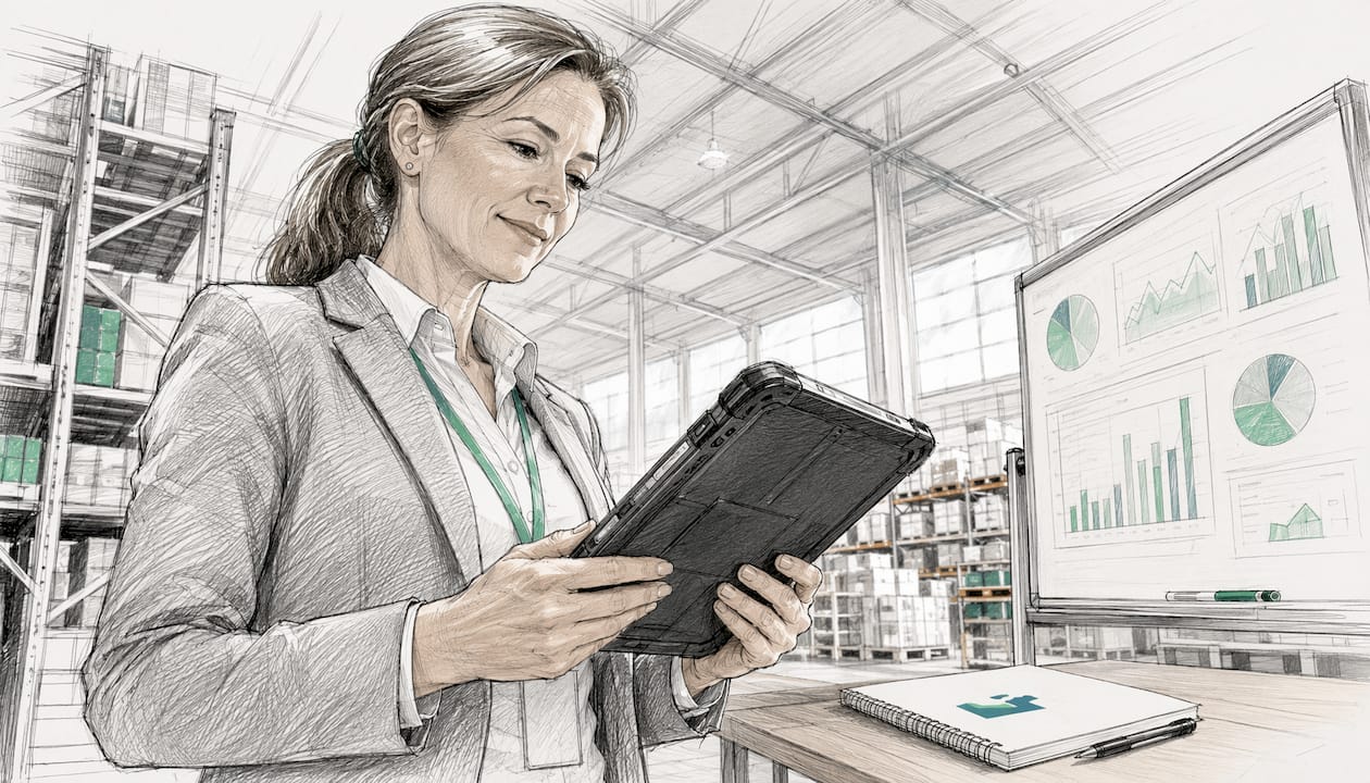 Warehouse supervisor using tablet in UK fulfilment