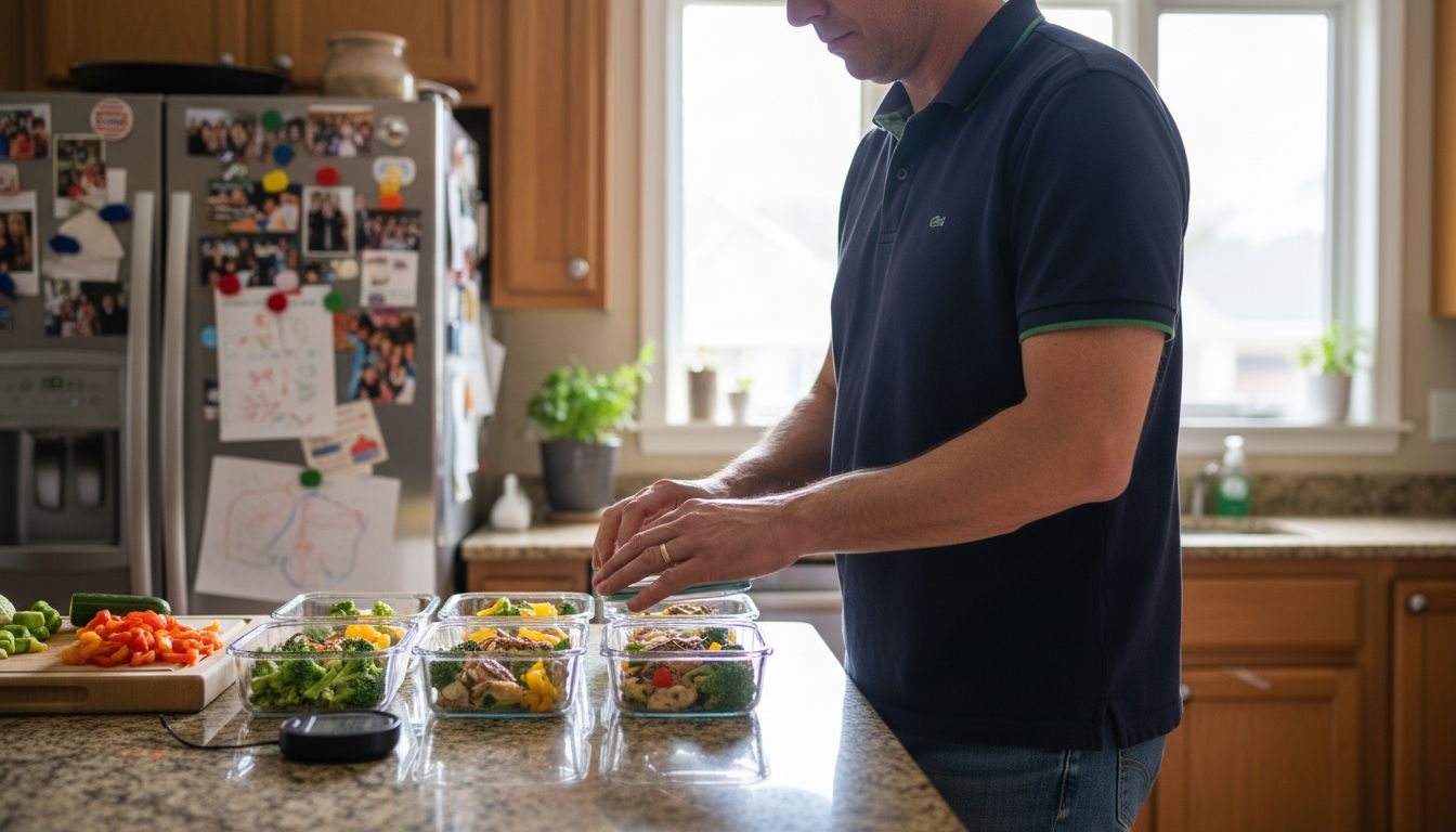 Man prepping healthy meals in home kitchen