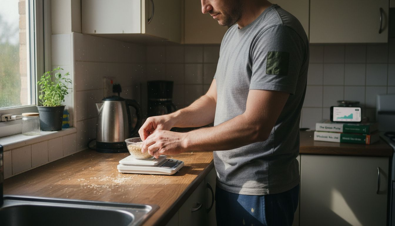 Man measuring food in apartment kitchen