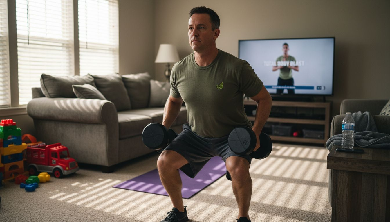 Man doing home workout with weights and yoga mat