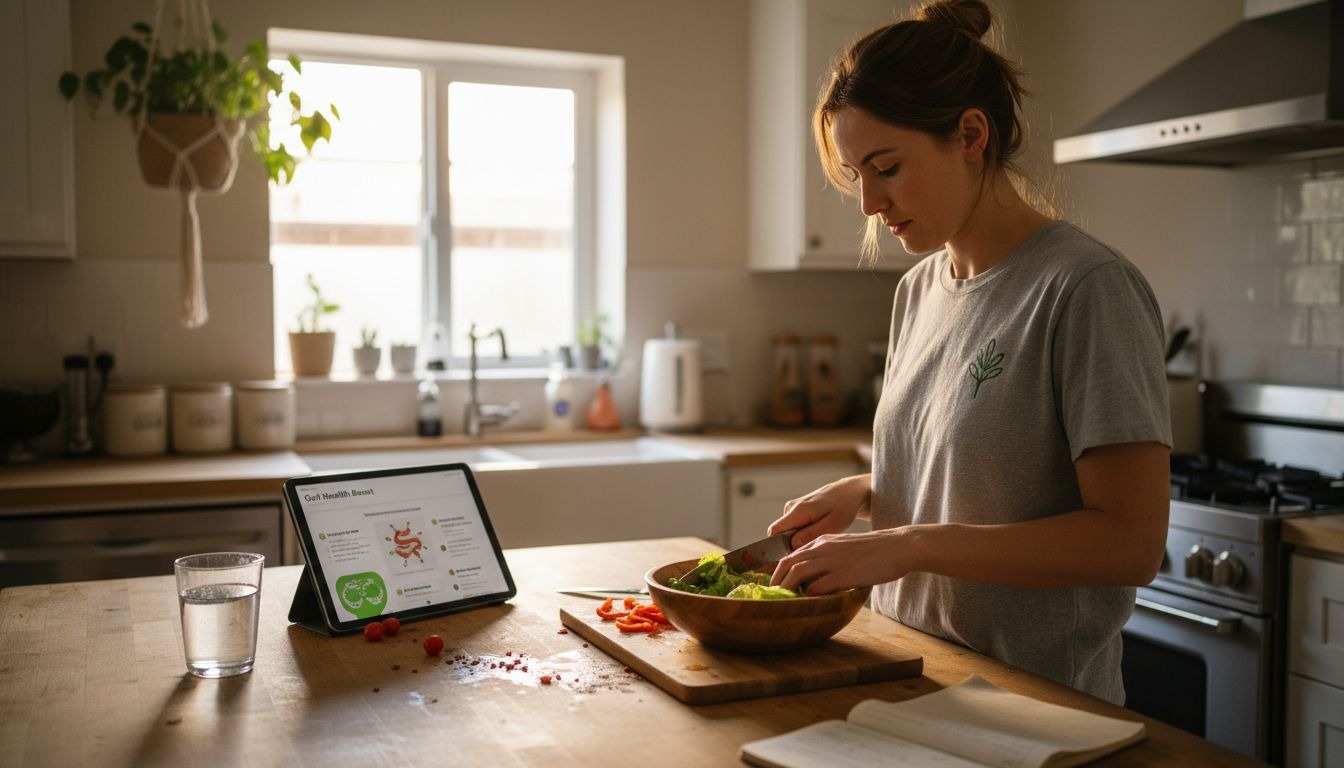 Woman prepares healthy meal in kitchen