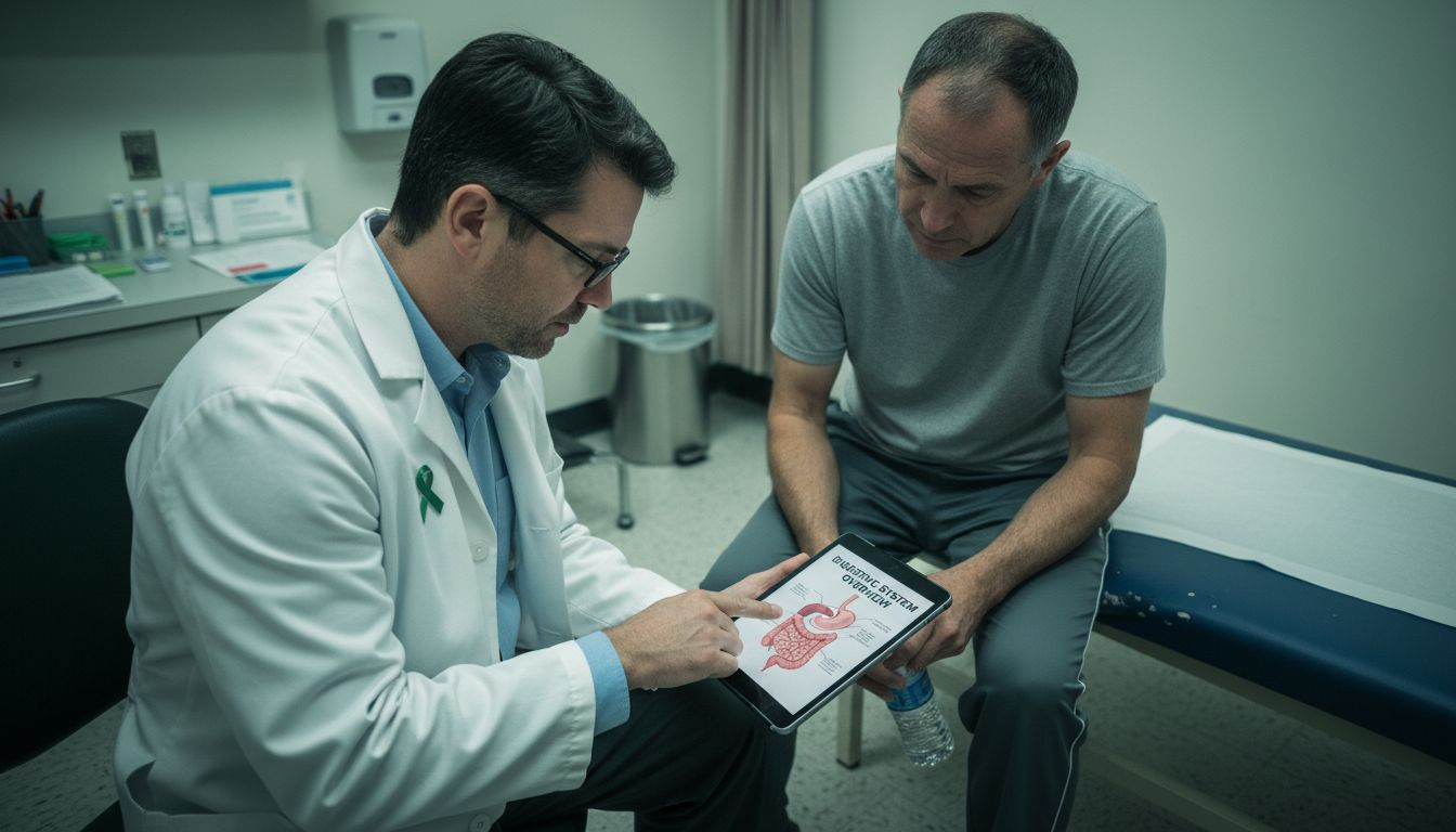 Doctor and patient discussing gut diagram