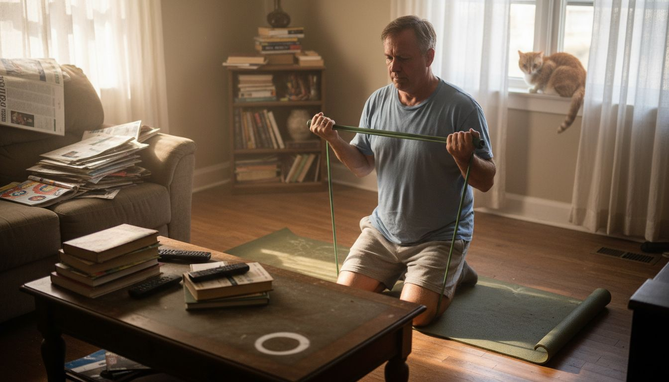 Man exercising with resistance bands at home