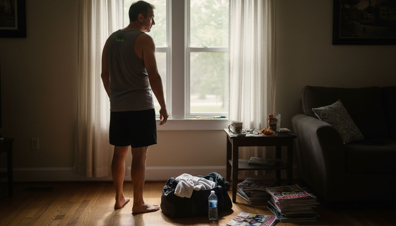Man contemplating after workout with gym gear