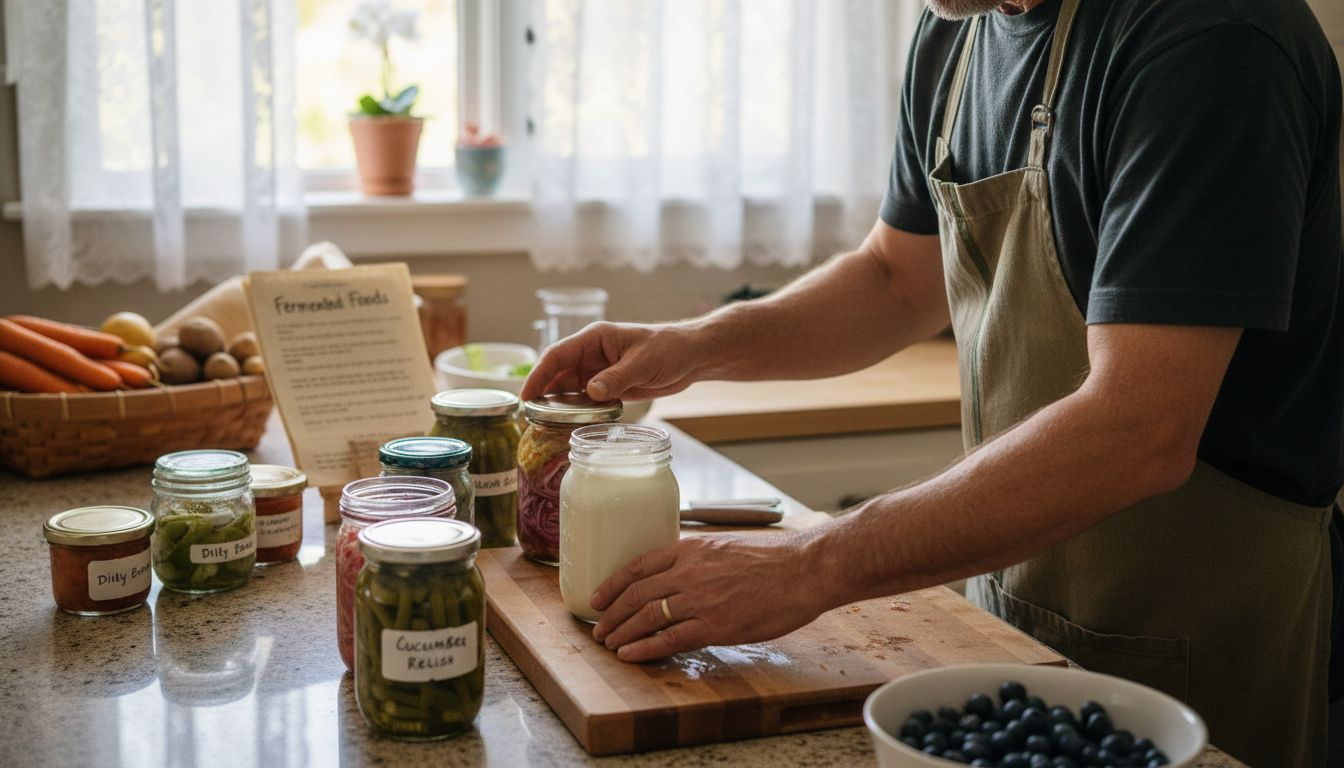 Man preparing fermented foods for gut health