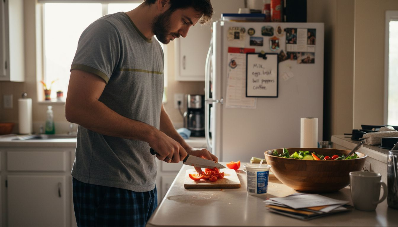 Man preparing healthy meal in lived-in kitchen