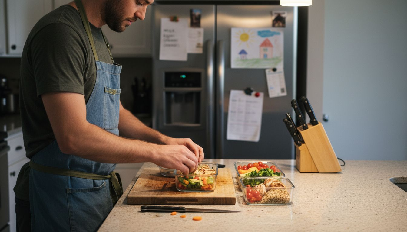 Man prepping balanced meals in kitchen