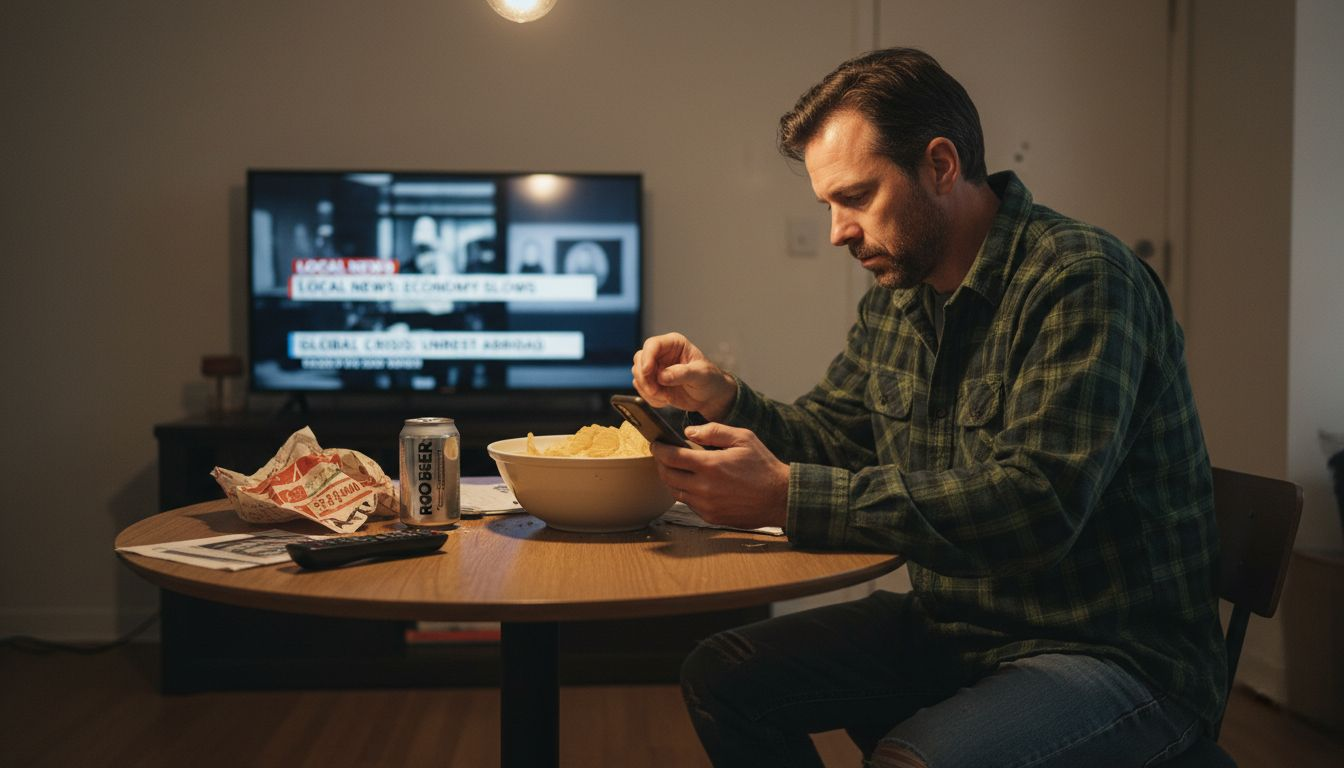 Man eating alone distracted in apartment