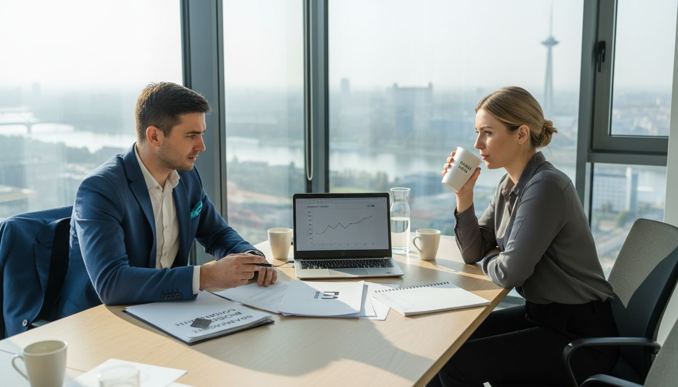 V kancelárii prebieha diskusia medzi kolegami o nových nápadoch na firemnú identitu.