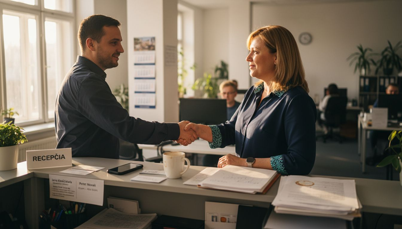 Manažér víta klienta na preplnenej recepcii plnej papierov a rôznych vecí.