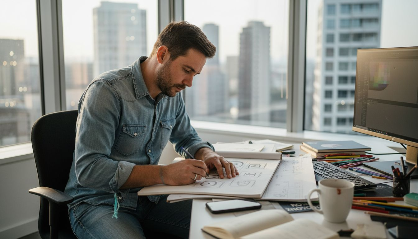 Kreatívny riaditeľ si načrtáva nové návrhy a nápady pre marketingovú kampaň.