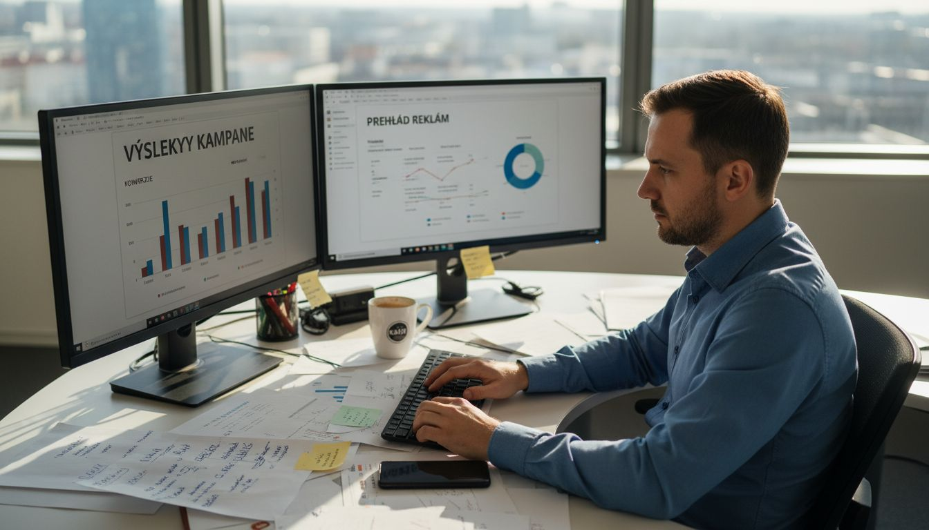 Manažér si pri pracovnom stole prezerá výsledky online kampane.