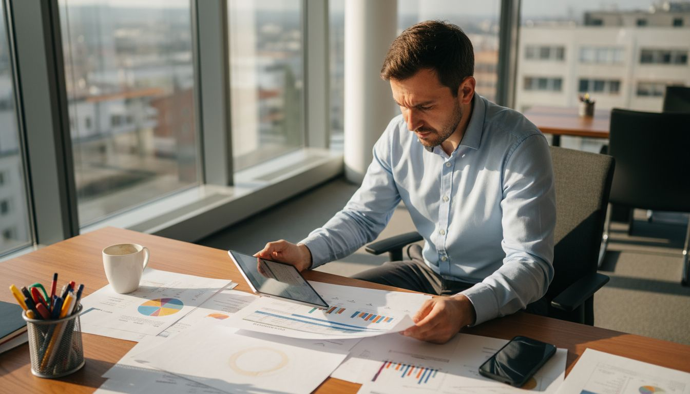 Muž si pri pracovnom stole premyslene stanovuje ciele pre svoje podnikanie.
