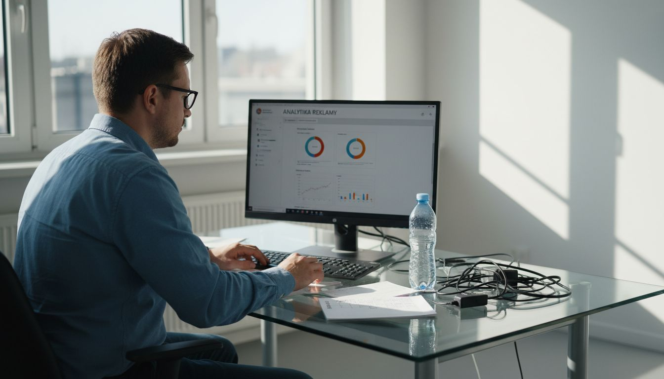 Muž si v slnečnej, moderne vybavenej kancelárii prechádza výsledky reklamných kampaní.