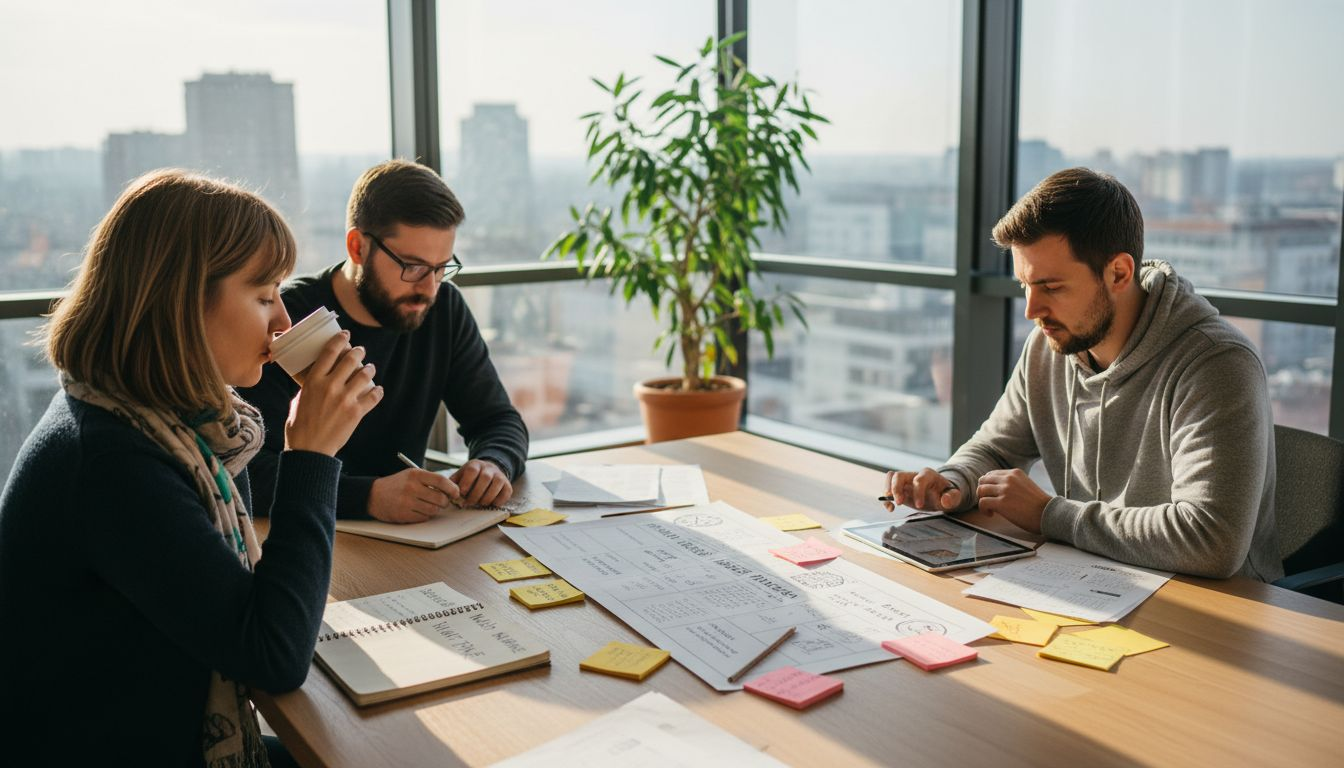 Tím kreatívcov diskutuje o novej reklamnej kampani v presvetlenej kancelárii.