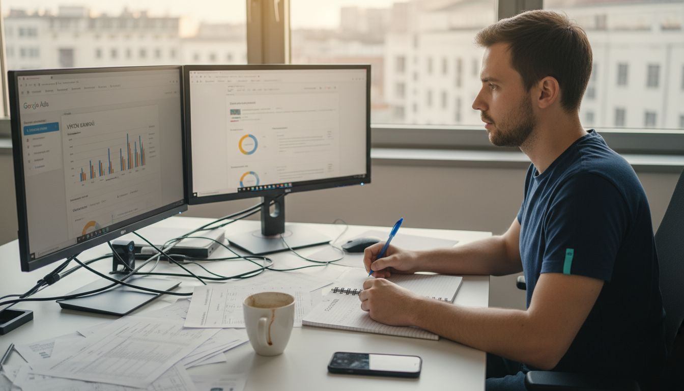 Marketér si za pracovným stolom prezerá výsledky kampaní v Google Ads a analyzuje ich výkon.