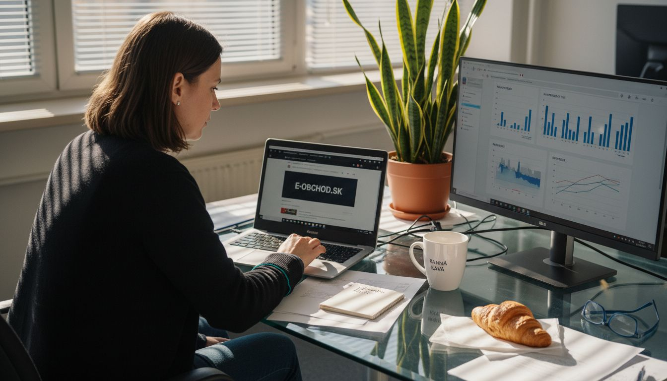 UX dizajnér si testuje webstránku pri svojom zanechanom sklenenom stole, kde sa medzi papiermi a káblami snaží nájsť najlepší spôsob, ako vylepšiť používateľský zážitok.