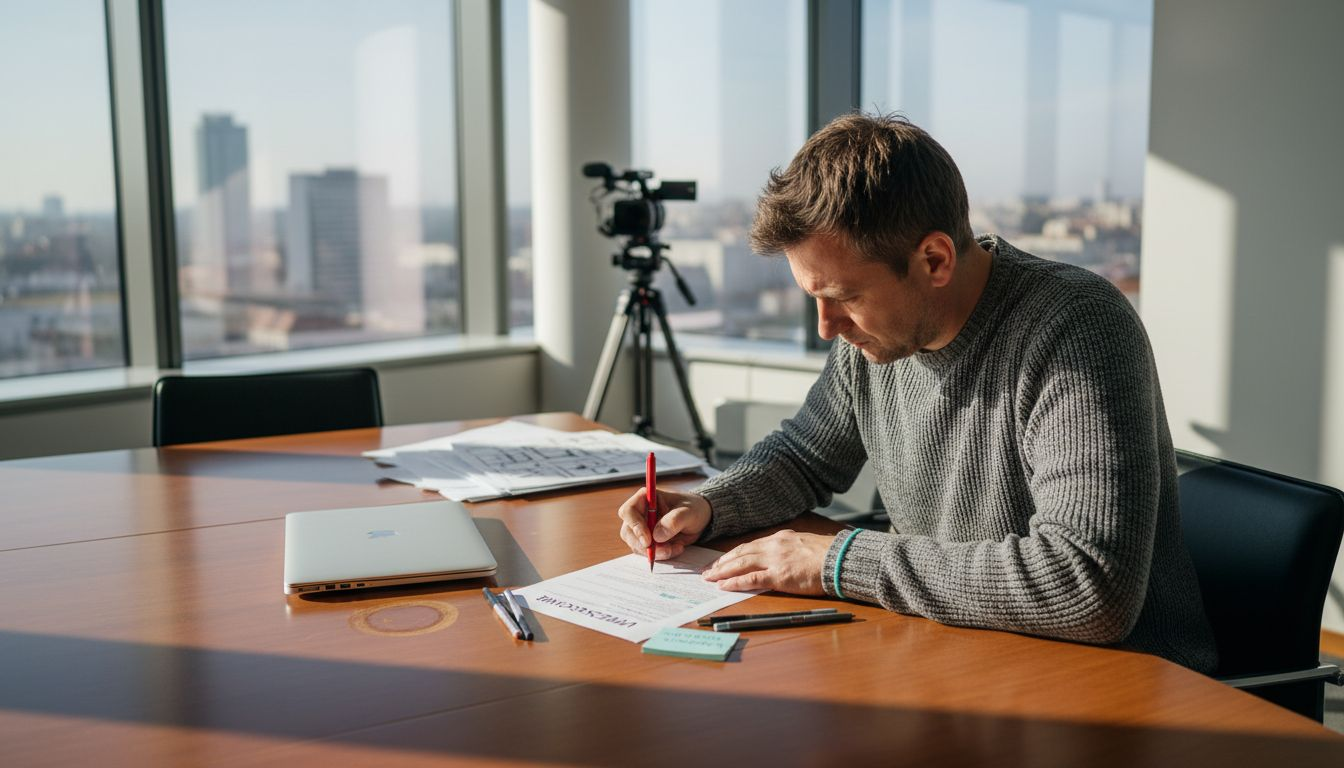 Muž si pri pracovnom stole pripravuje plán na natáčanie videa.