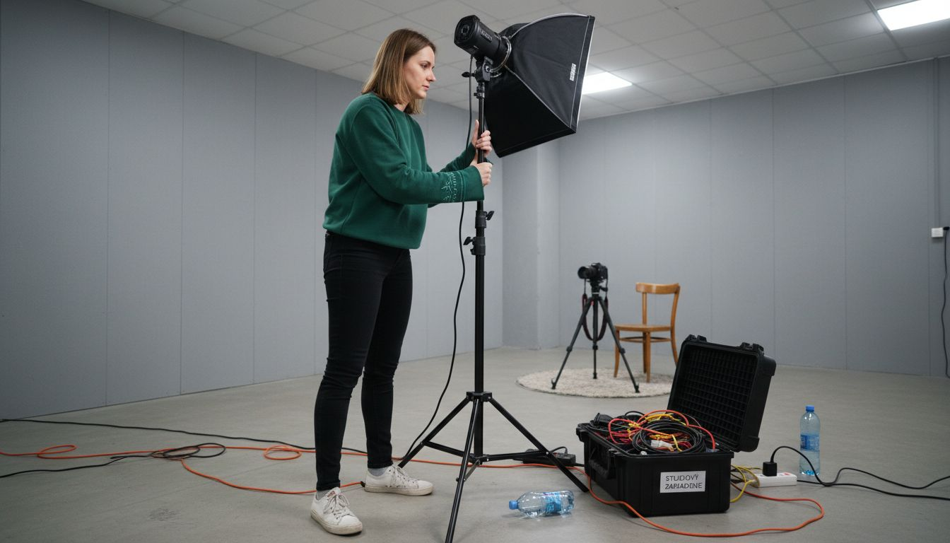 Woman setting up studio lights for video shoot