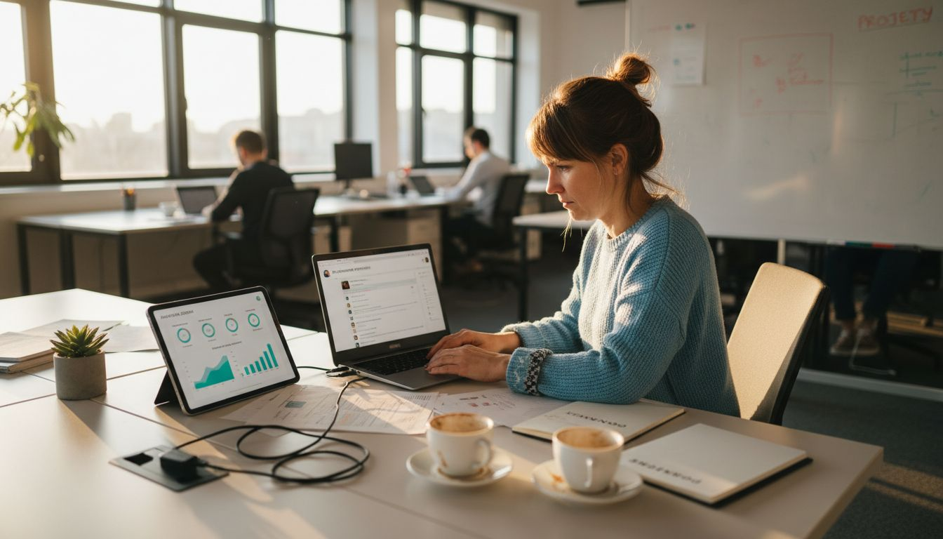 Mladá žena sa venuje digitálnemu marketingu za slnečného dňa pri svojom pracovnom stole v kancelárii.