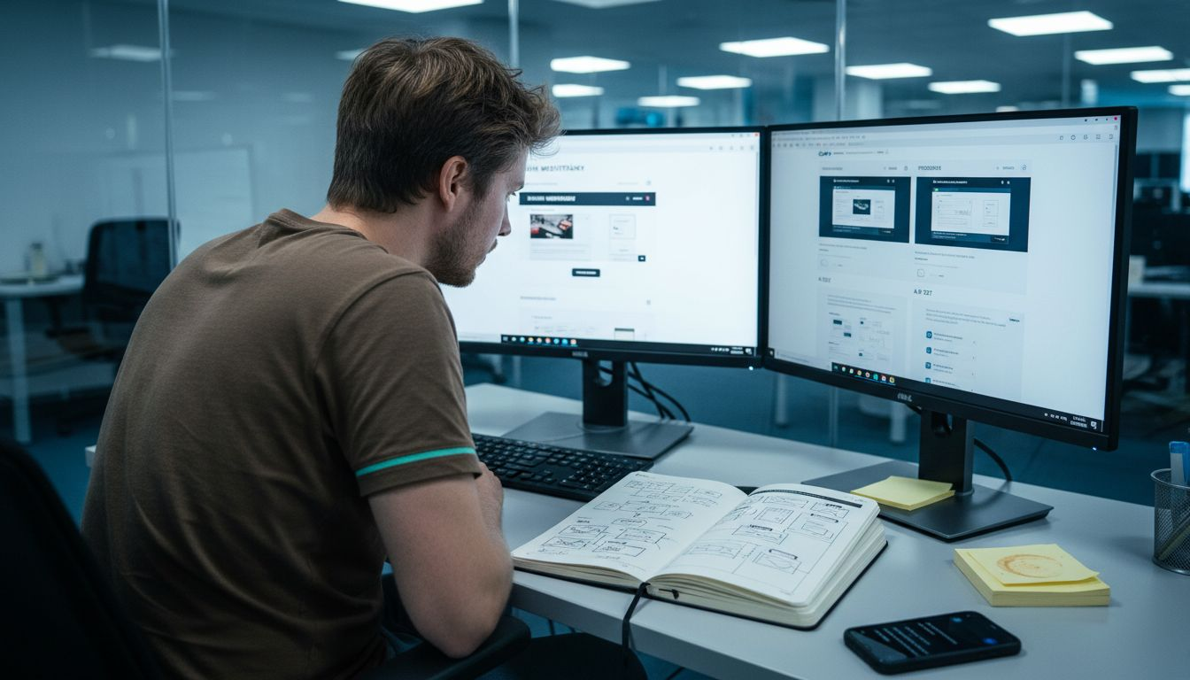 Webový vývojár dolaďuje stránku počas porady v zasadačke.