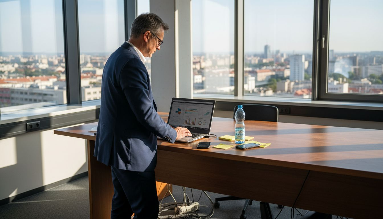 Marketingový riaditeľ vo svetlej kancelárii s výhľadom, kde má všetko pod kontrolou.