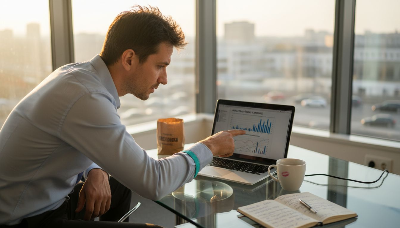 Konzultant vedie rozhovor o analytických výsledkoch vo svojej kancelárii s výhľadom.