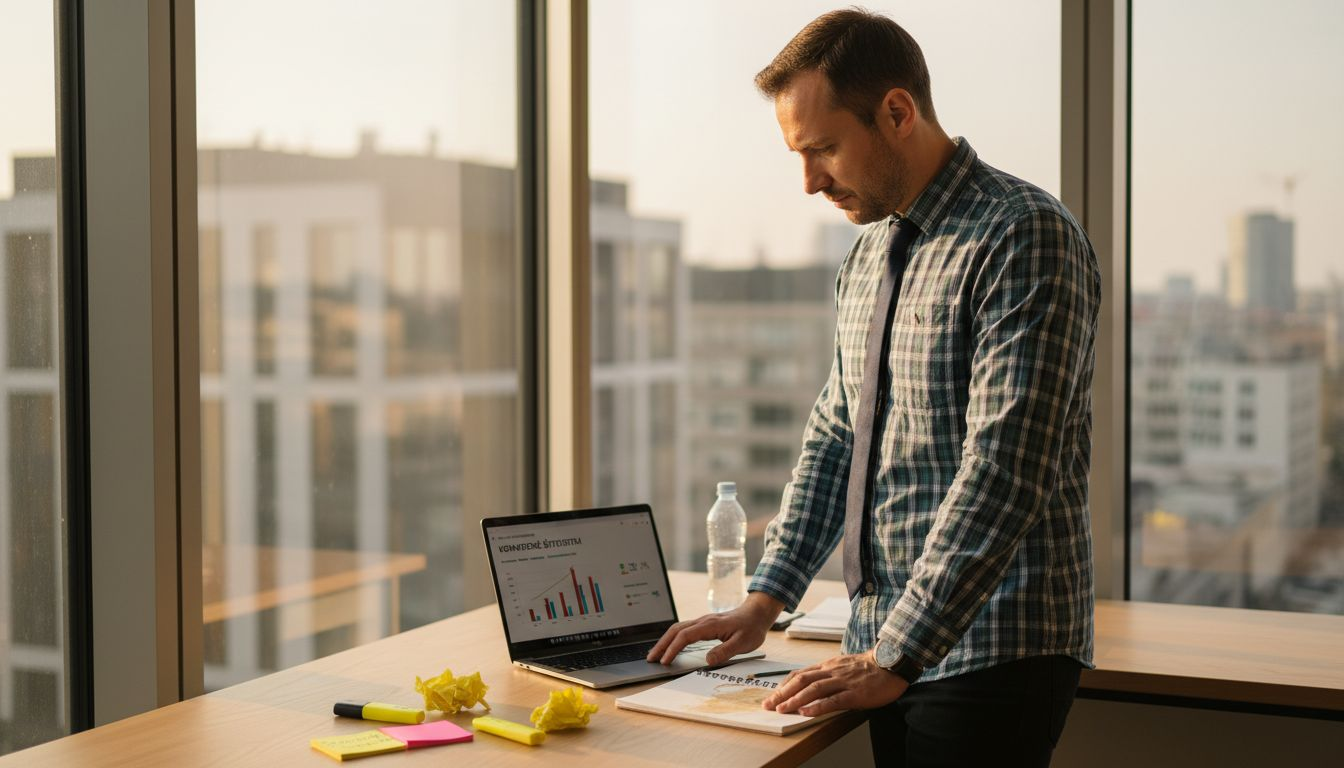 Manažér si pri okne v kancelárii prechádza štatistiky konverzií.