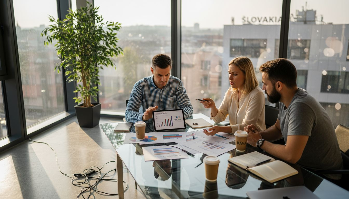 Porada marketingového tímu v presvetlenej kancelárii s veľkými oknami