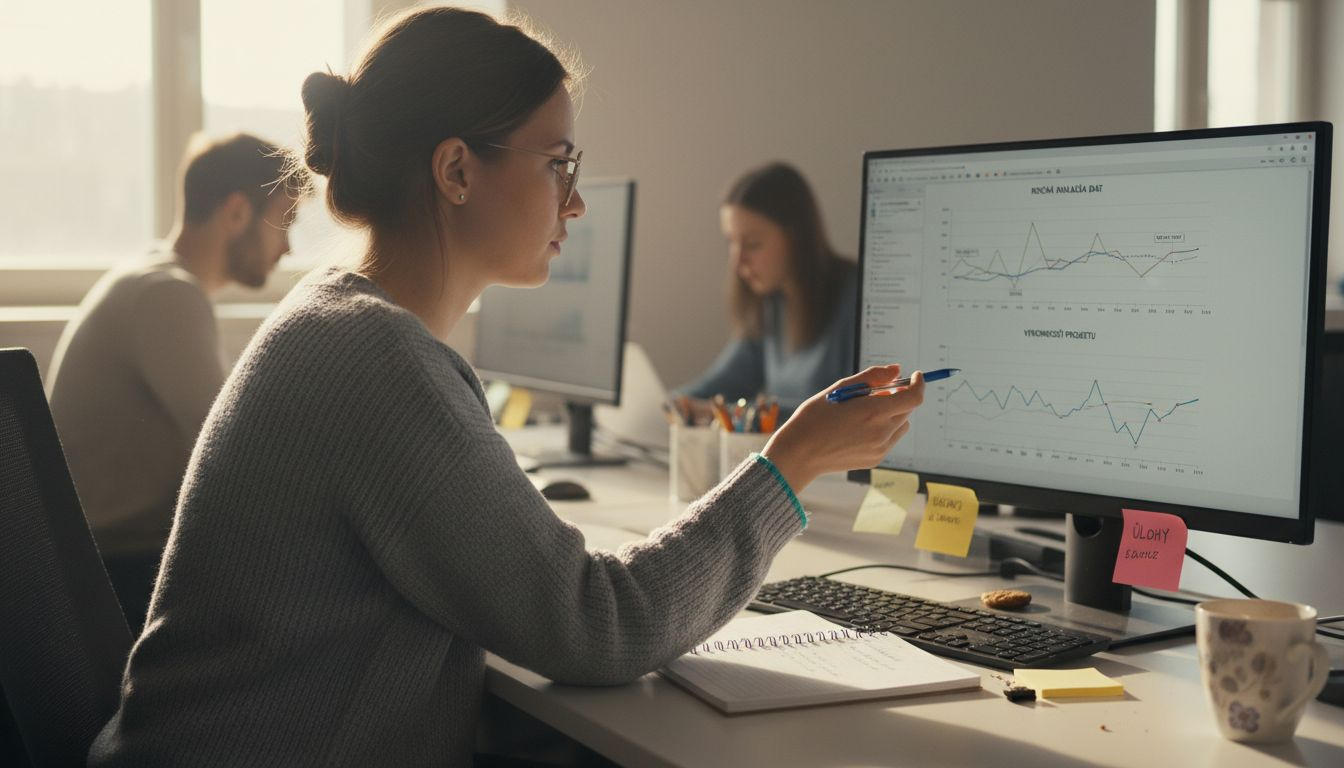 Žena sa venuje analýze digitálnych kanálov za svojím rušným pracovným stolom.