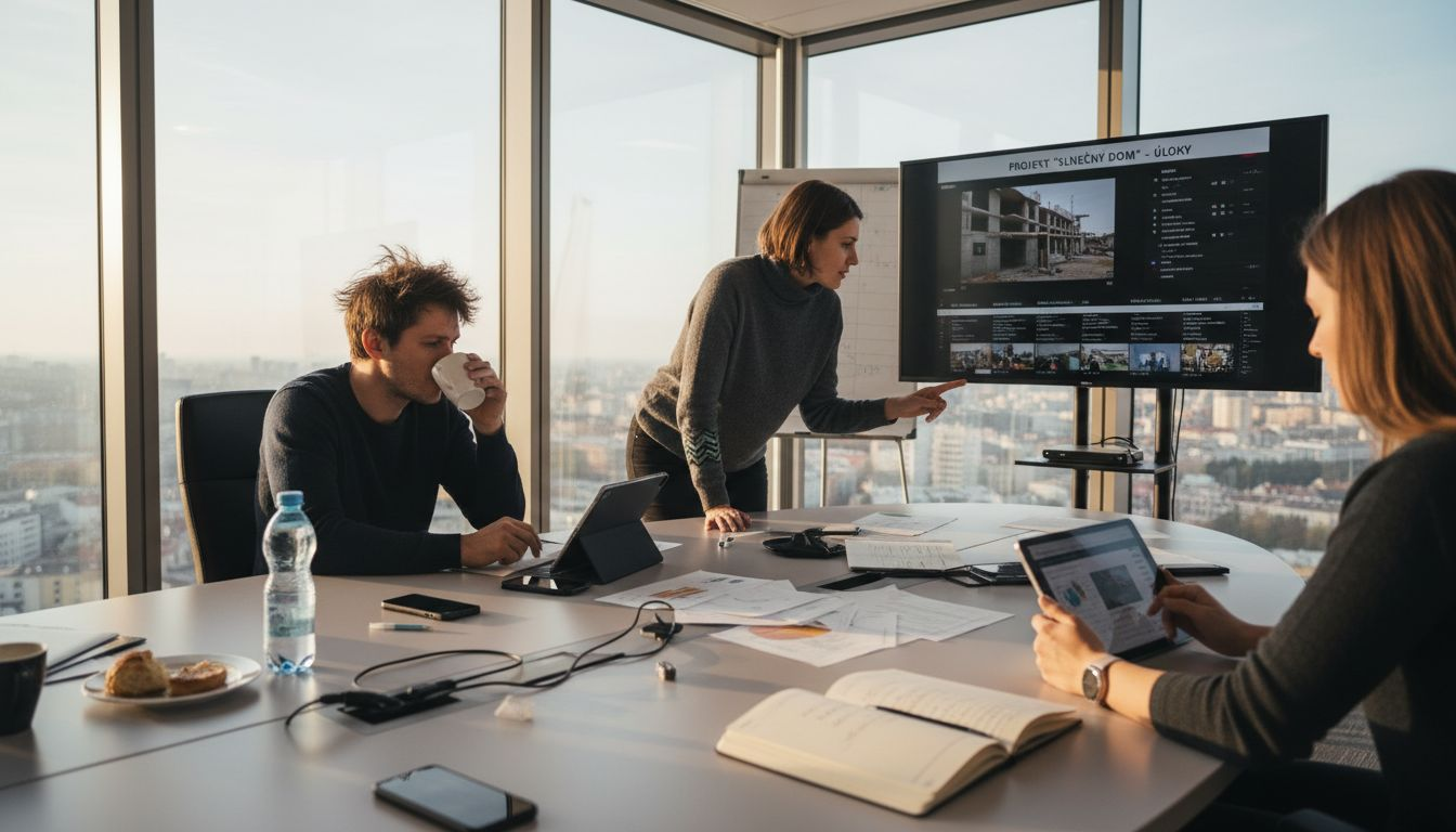 Tím si na porade spoločne prezerá a hodnotí marketingové video.