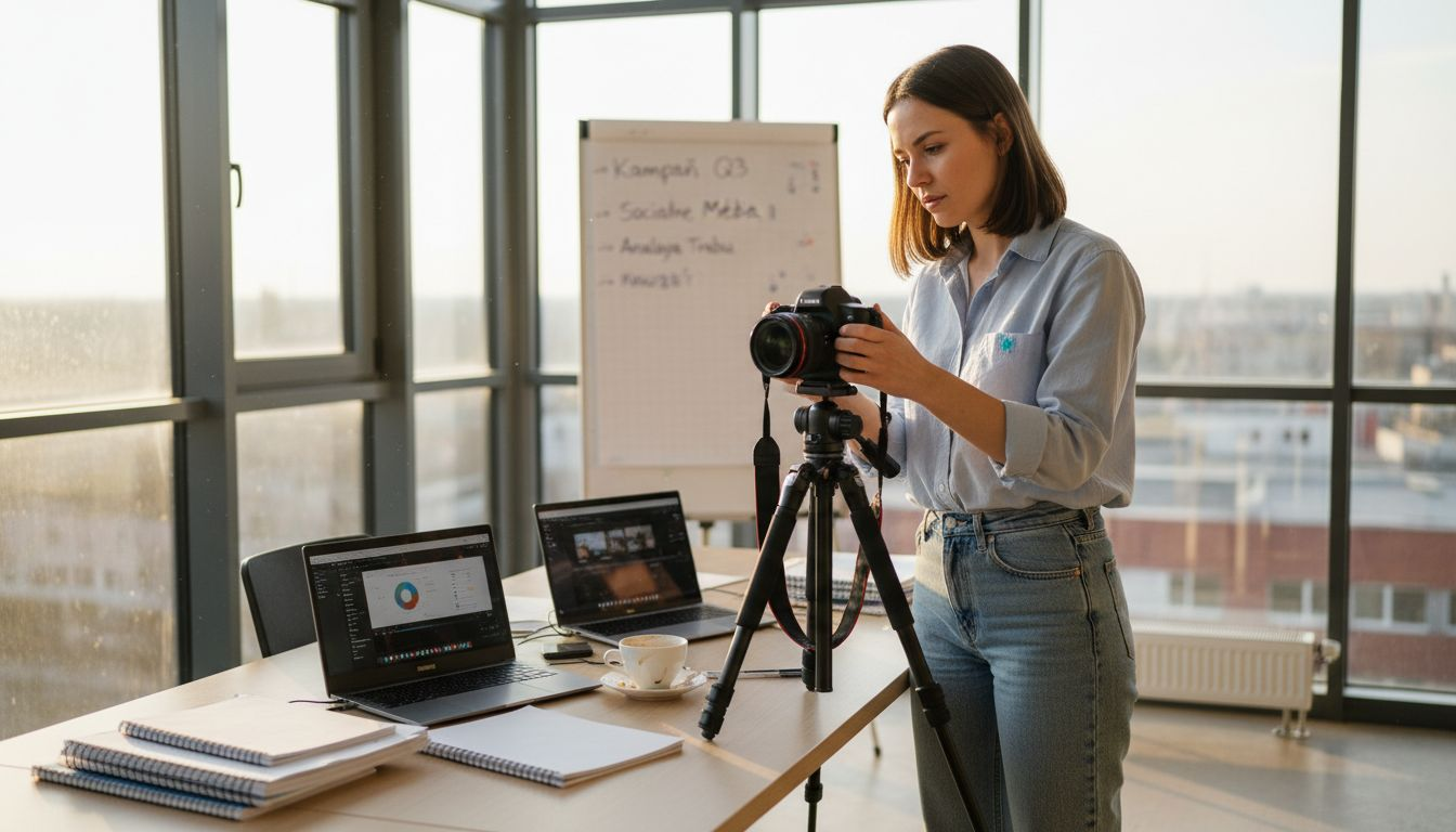 Profesionál sa pripravuje na natáčanie videa v kancelárii.