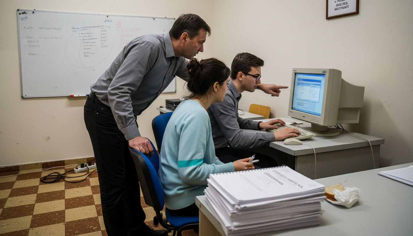 Vedúci počas prestávky v kuchynke ukazuje zamestnancom, ako používať nové digitálne nástroje.