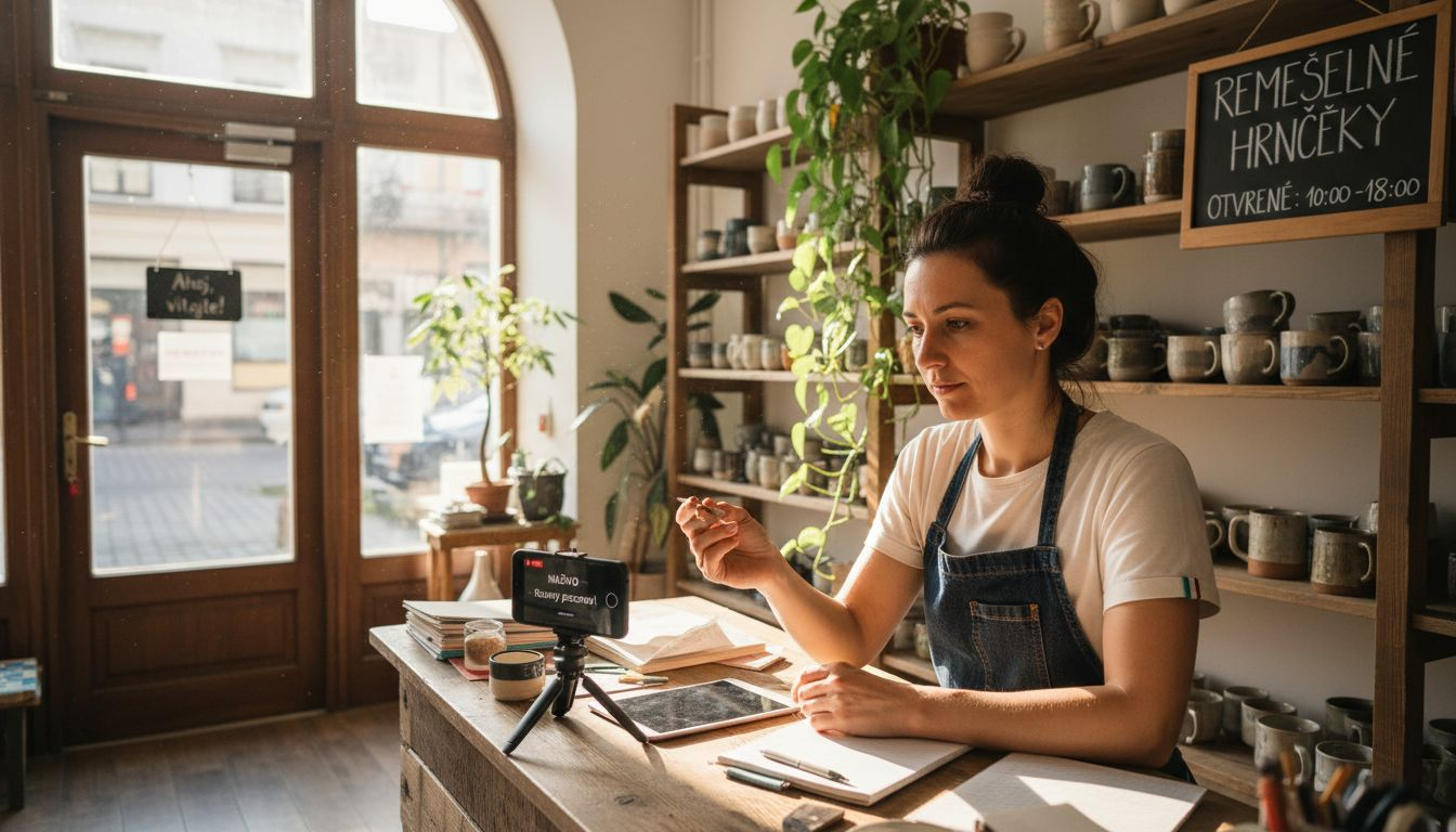 Majiteľ malej prevádzky natáča video priamo za pultom vo svojej predajni.