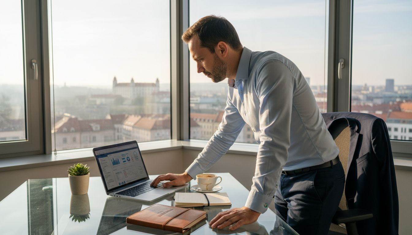 Podnikateľ analyzuje firemné dáta pri svojom pracovnom stole.