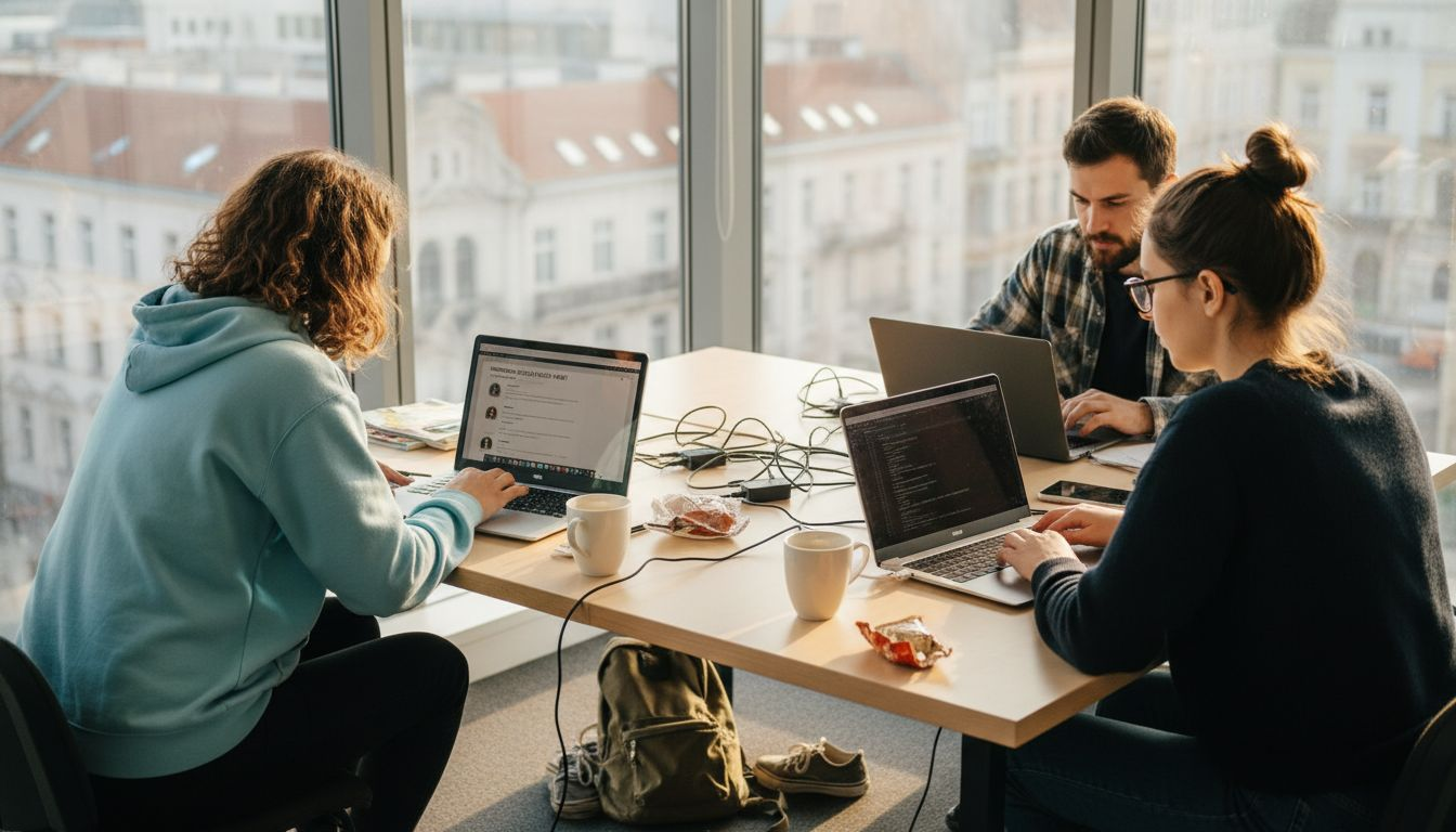 Tím startupu spoločne pracuje v presvetlenej kancelárii plnej energie.