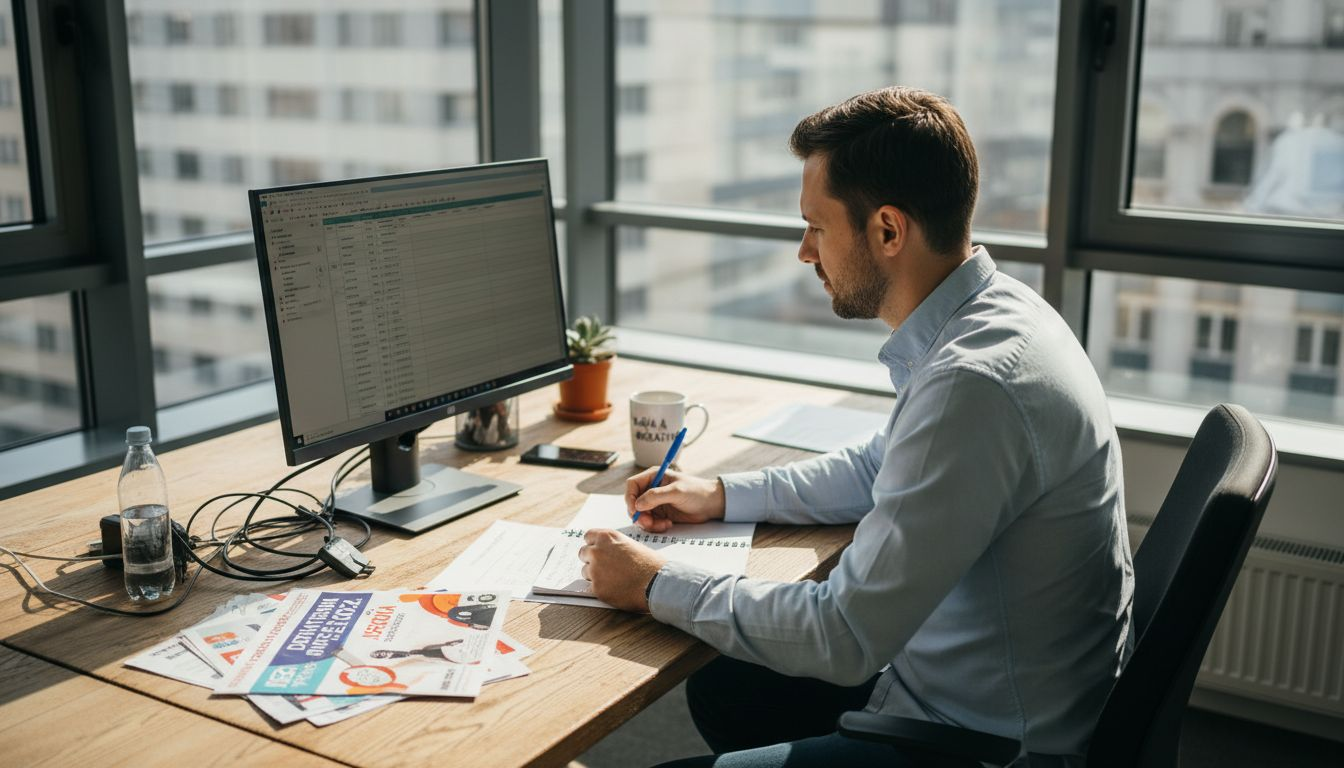 Marketingový špecialista si pri stole prechádza a analyzuje plán kampane.